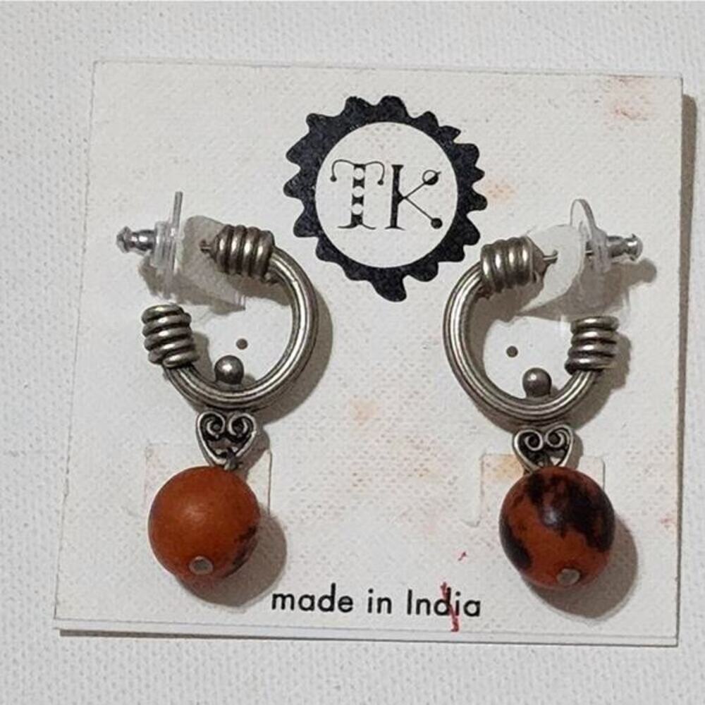 Treska‎ Made in India Silver Tone Boho Hoop Drop Earrings Orange Speckled Bead